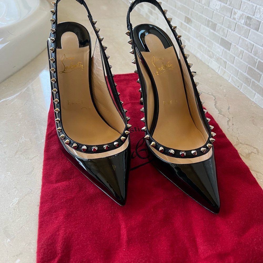 Christian LOUBOUTIN black silver spike sling black heels pumps sandals.